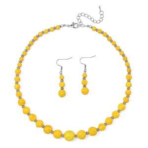 Yellow Howlite Beaded Necklace and Earrings 2 Piece Set in Stainless Steel